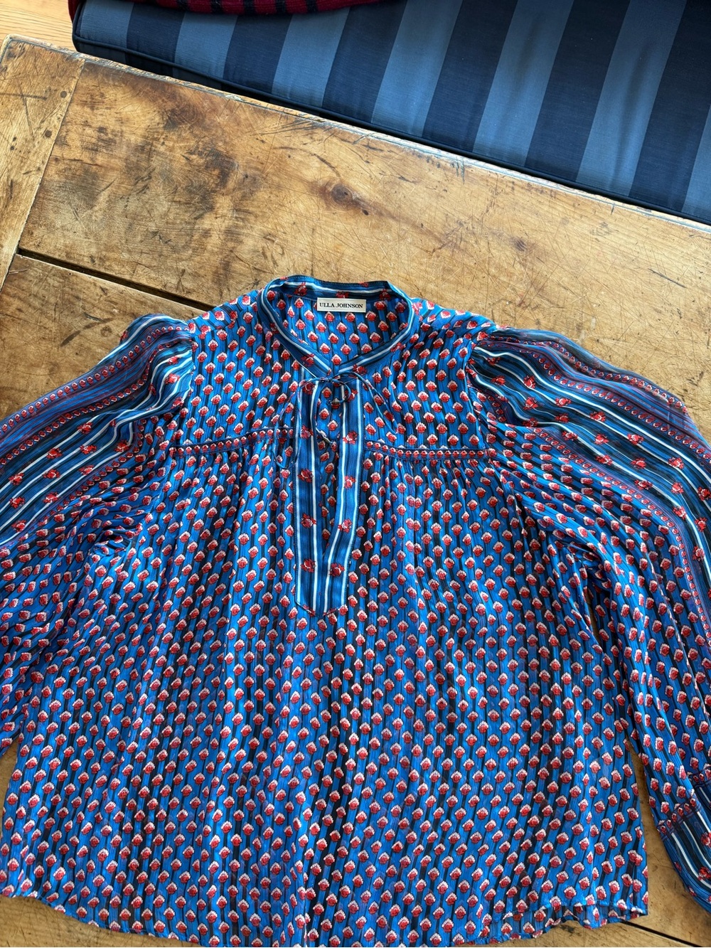 Ulla Johnson Blue and Red Printed Tie-Neck Peasant Blouse